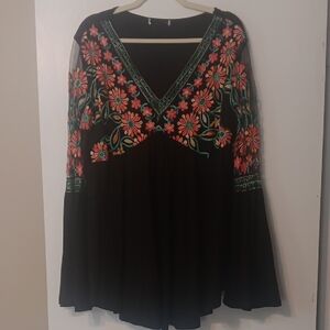 Black Floral Embroidered Boho Dress